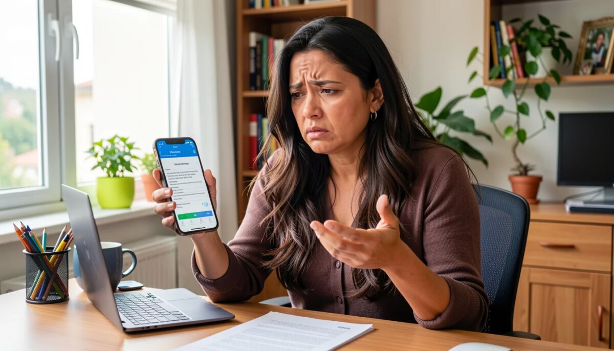 Mulher frustrada segurando celular com atestado médico digital em casa