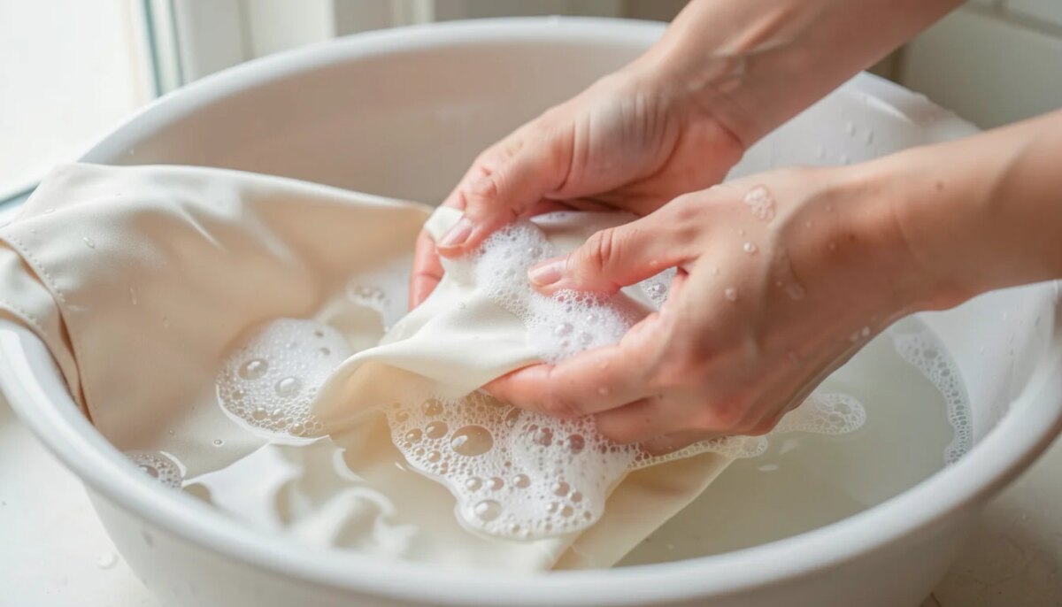 Mãos femininas lavando delicadamente uma blusa de seda em água fria com sabão neutro.