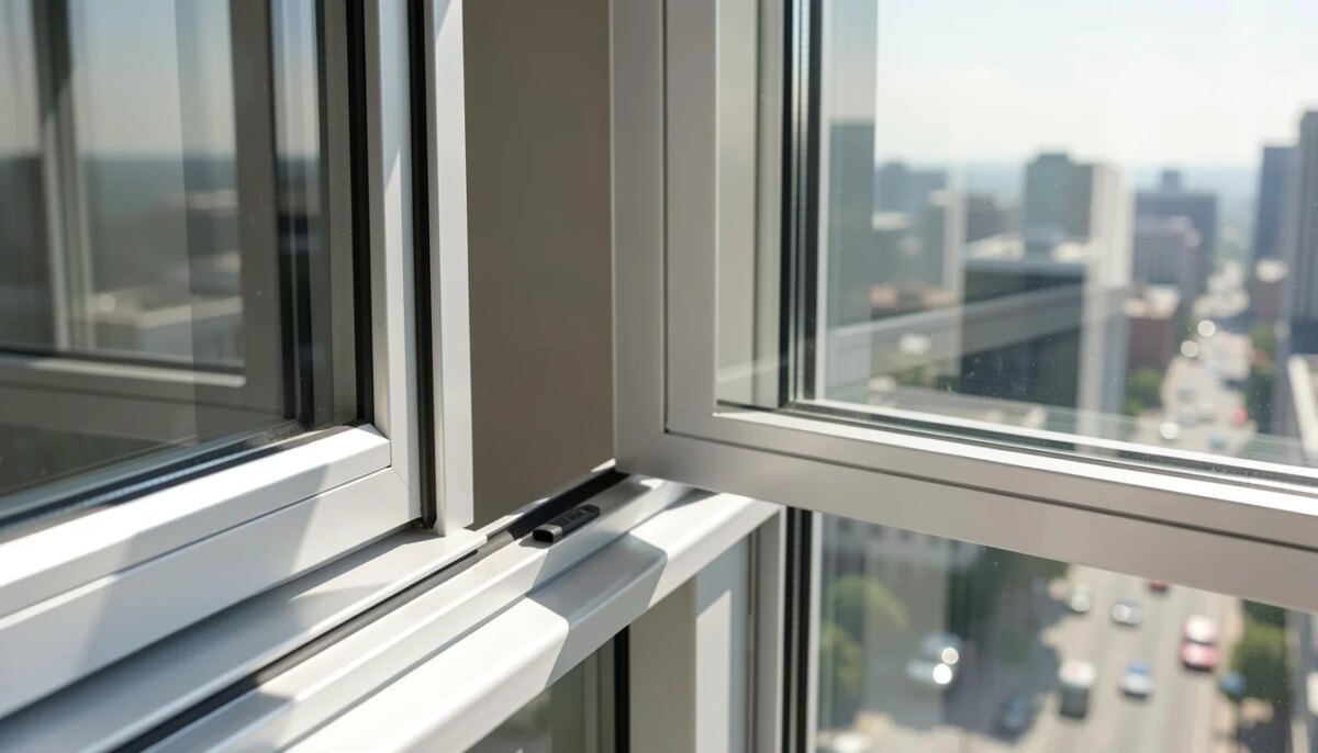 Janela de alumínio com vidro duplo em apartamento alto, vista para cidade.
