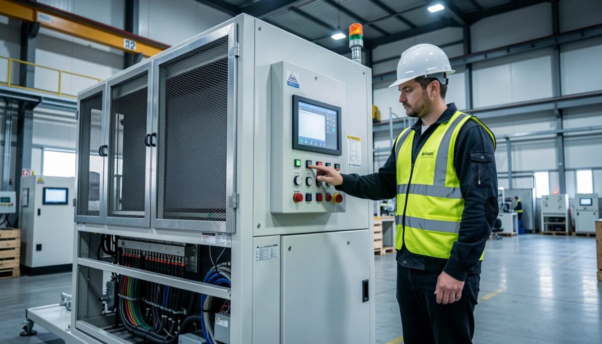 Engenheiro inspecionando chiller industrial em fábrica