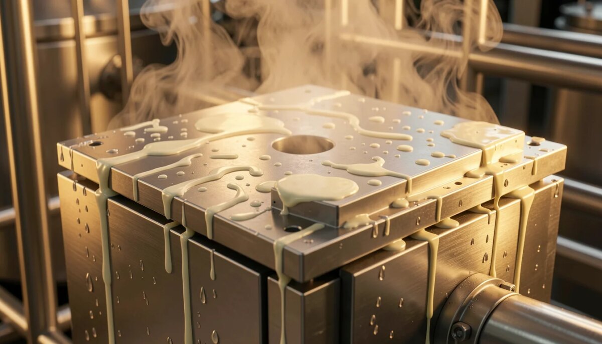 Trocador de calor a placas em sistema de pasteurização industrial com vapor e leite.