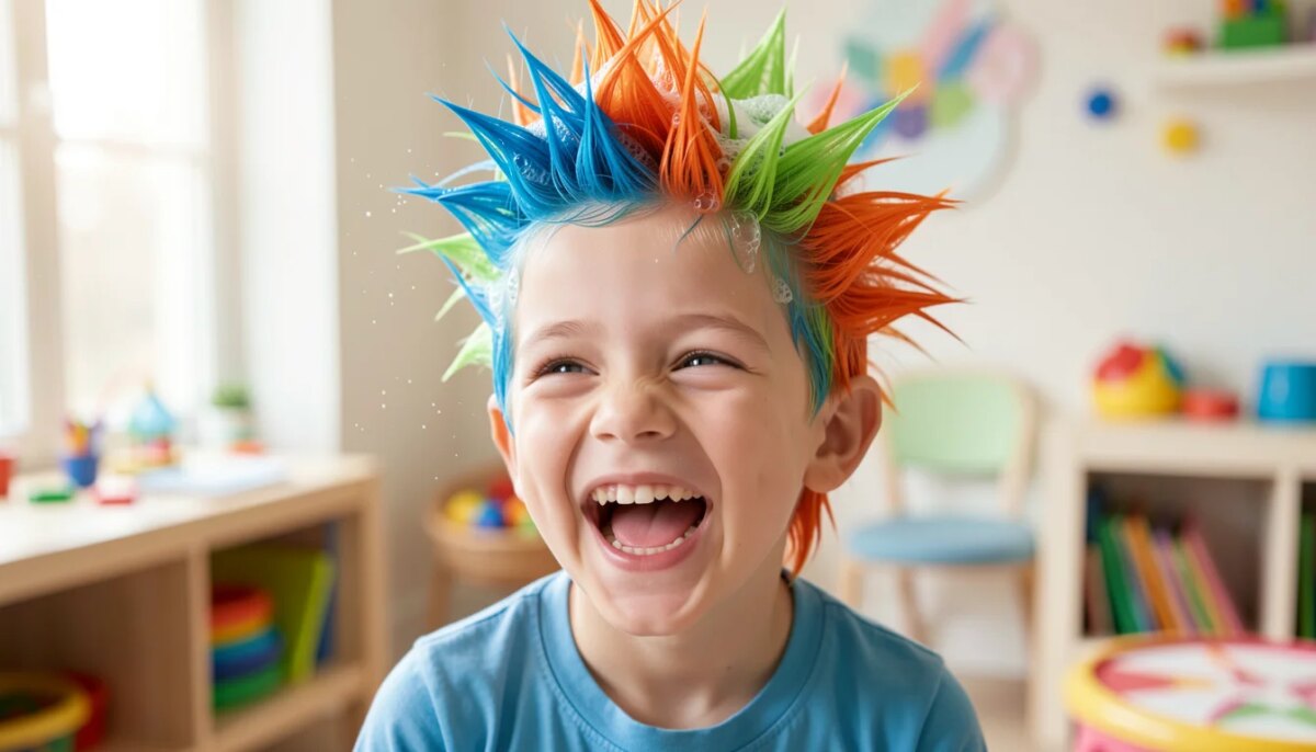 Menino com cabelo maluco colorido e espetado, sorrindo feliz