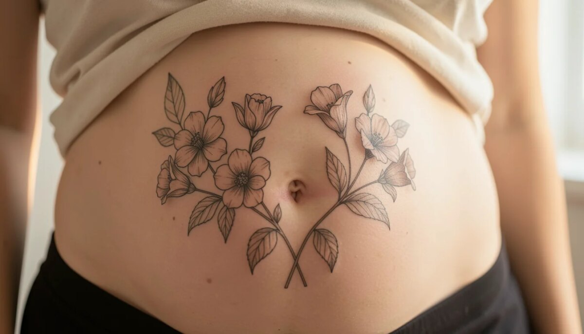 Tatuagem fina floral cobrindo cicatriz de cesárea na barriga feminina