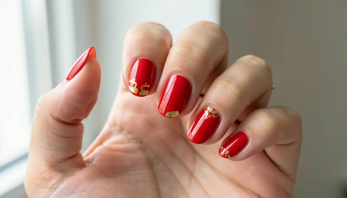 Unha decorada vermelha: 10 ideias lindas para sair do básico Unhas decoradas vermelhas com detalhes em dourado, mão feminina bem cuidada.