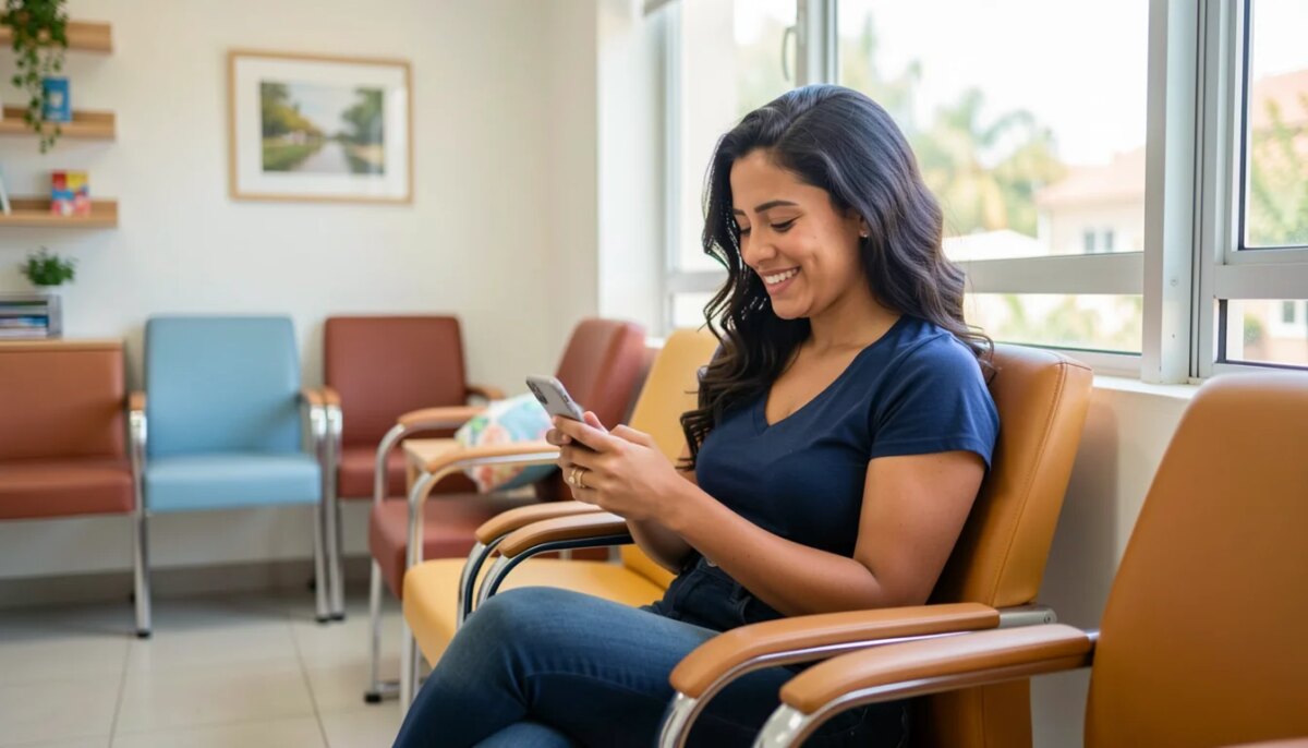 Mulher sorridente em sala de espera moderna de clínica, olhando para o celular.