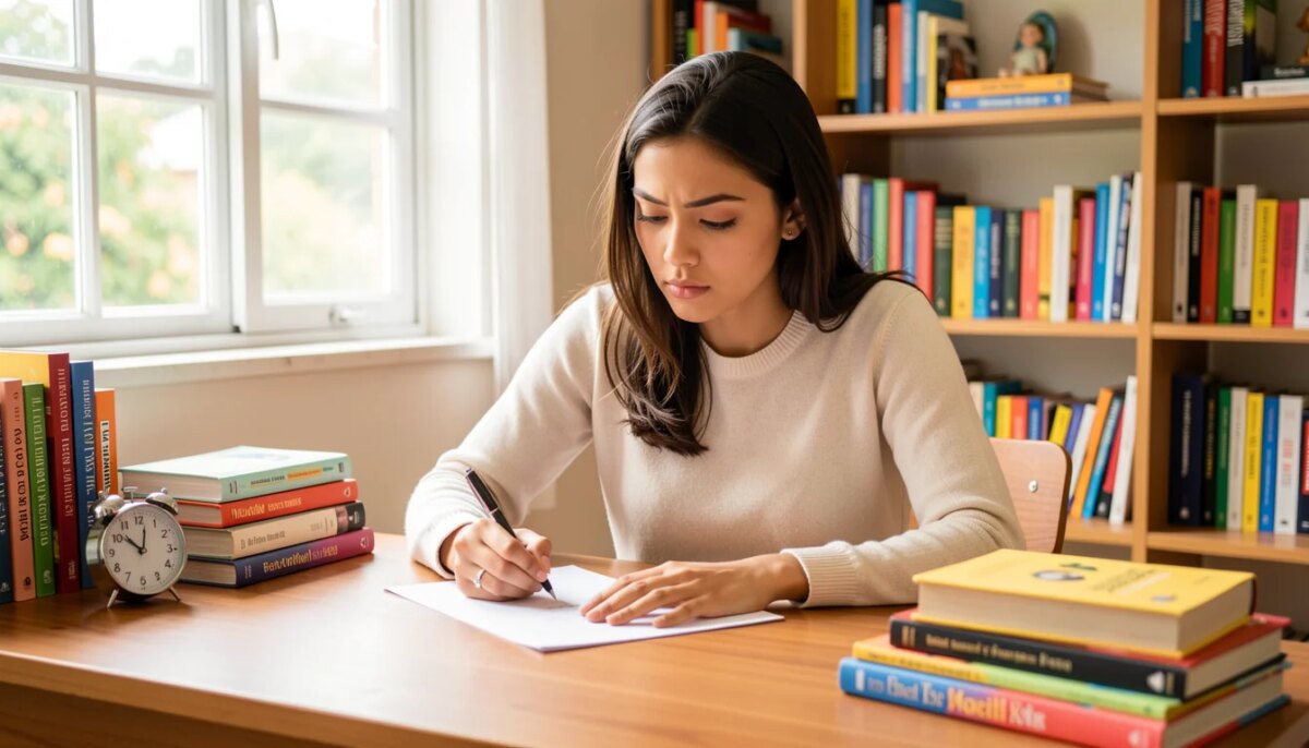 Redação do Enem: a habilidade que a inteligência artificial apagou Estudante escrevendo redação à mão em mesa com livros e relógio