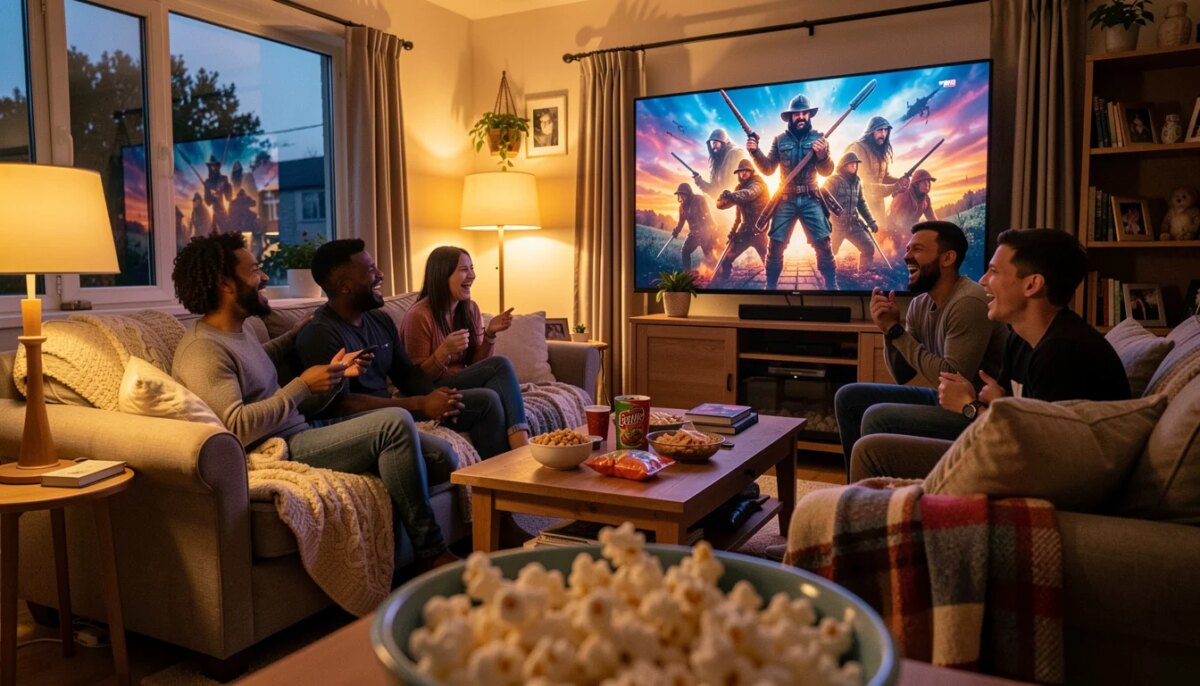 Amigos se divertindo no sofá assistindo filme de aventura em casa