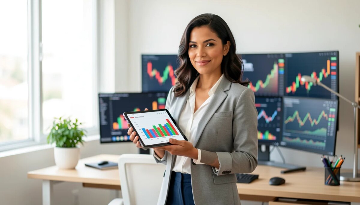 Mulher confiante analisando gráficos de investimentos diversificados em tablet no escritório moderno.