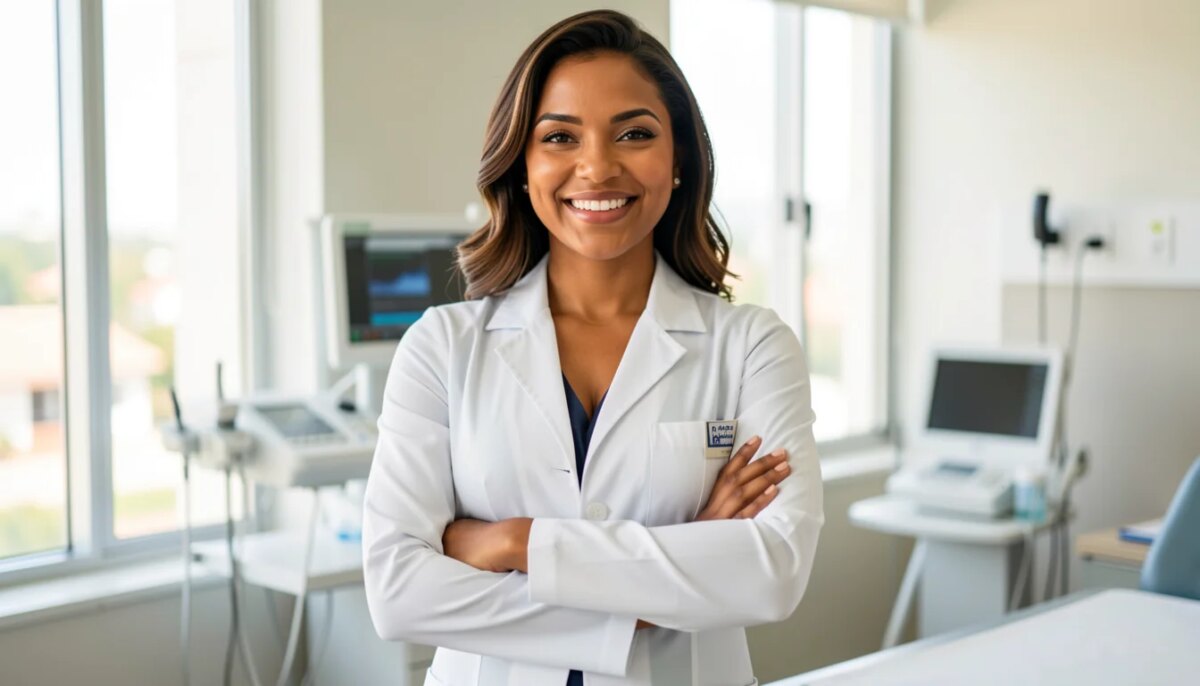 Médica sorridente usando jaleco feminino slim branco em clínica moderna