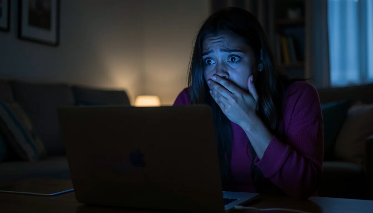 Mulher assustada olhando para laptop em quarto escuro, clima de suspense.