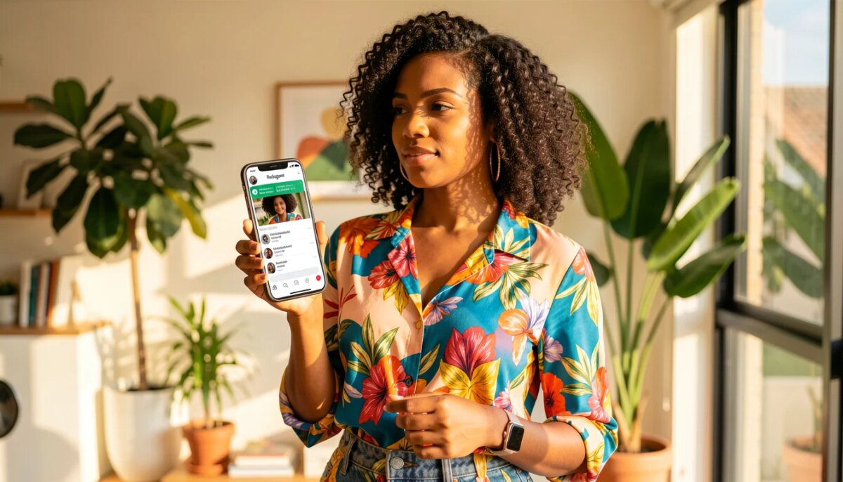 Estilo no digital: ideias para deixar WhatsApp e Instagram com a sua cara Mulher sorridente segurando celular com WhatsApp personalizado em ambiente moderno e colorido
