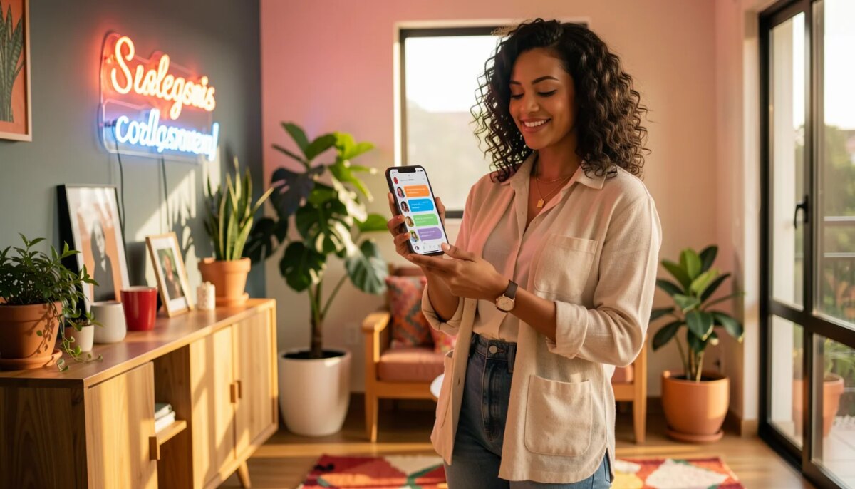 Personalização digital: 25 ideias para deixar conversas e perfis com mais estilo Mulher sorridente segurando smartphone em casa moderna e colorida