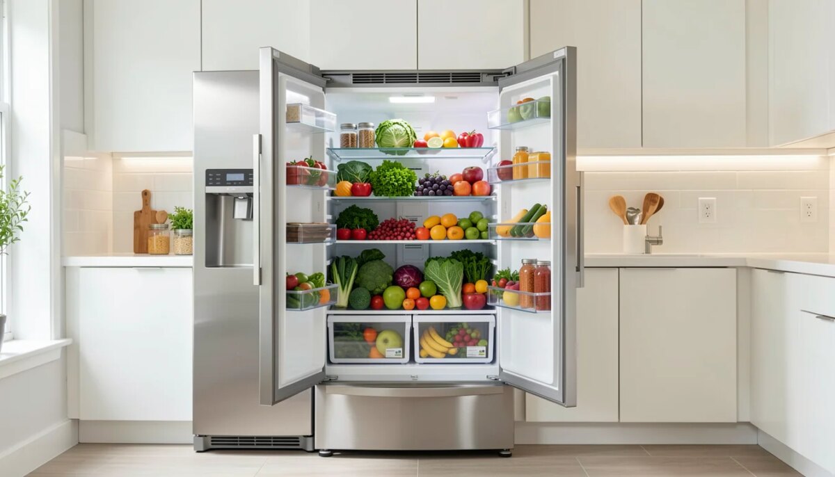 Geladeira Panasonic moderna aberta com alimentos frescos organizados