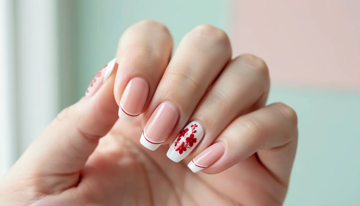 Unhas decoradas vermelhas delicadas com francesinha e florzinhas