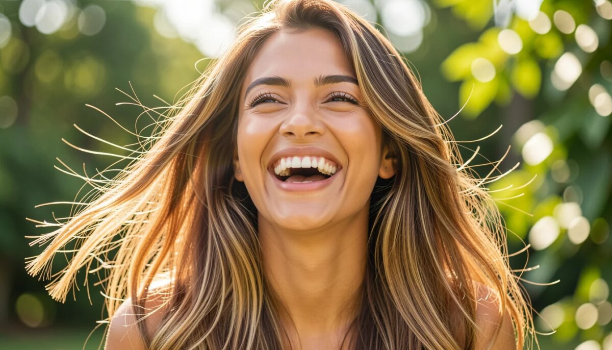 Mulher sorridente com cabelos castanhos com reflexos suaves e luminosos ao ar livre.