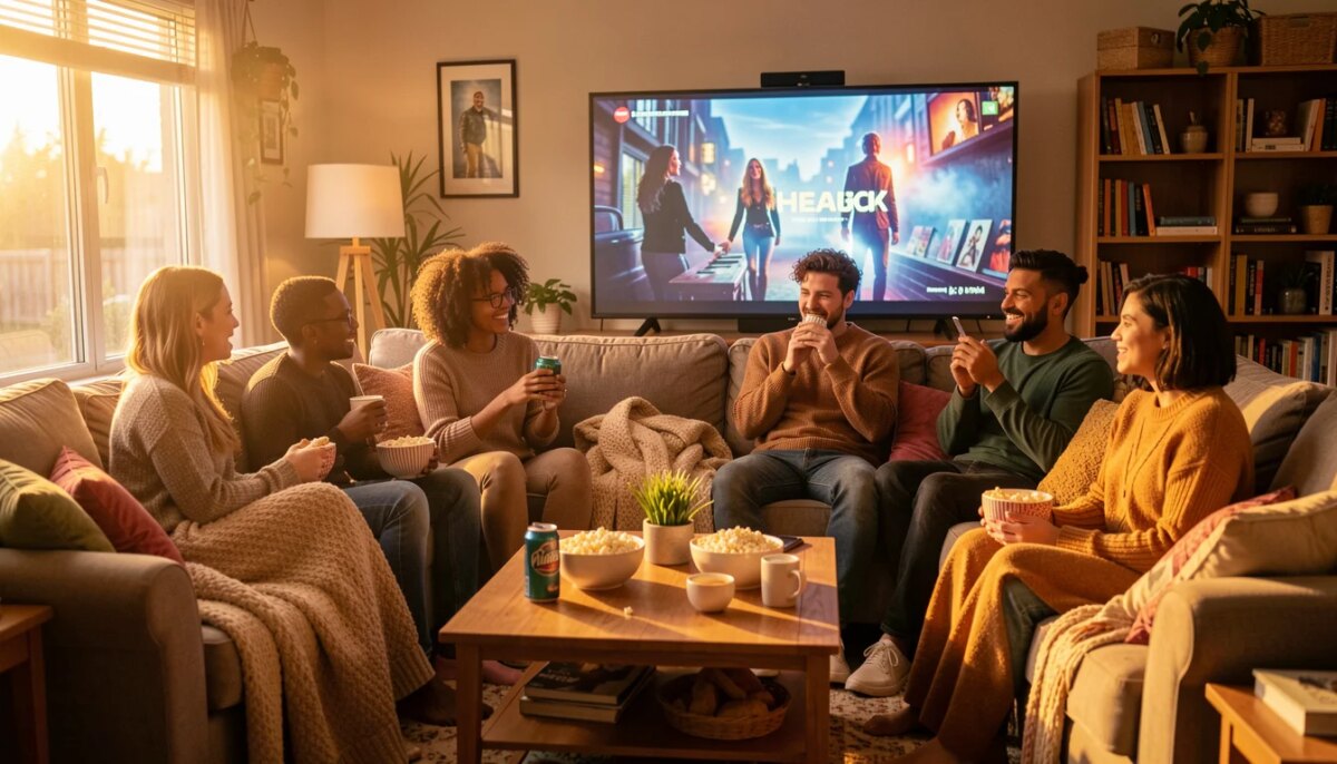 Amigos assistindo a filmes no sofá em casa