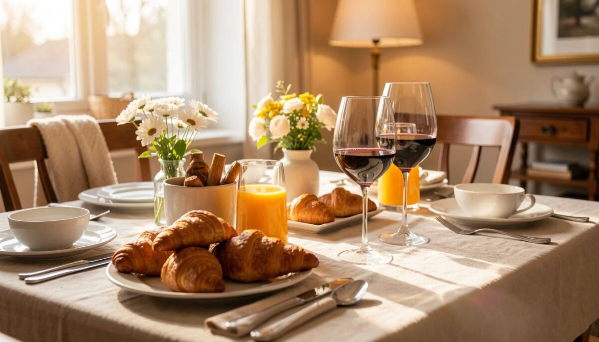 Mesa de brunch com croissants, suco e taça de vinho em luz natural