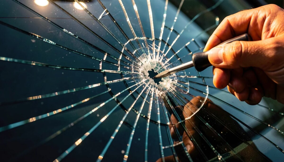 Para-brisa trincado com ferramenta de reparo em close-up