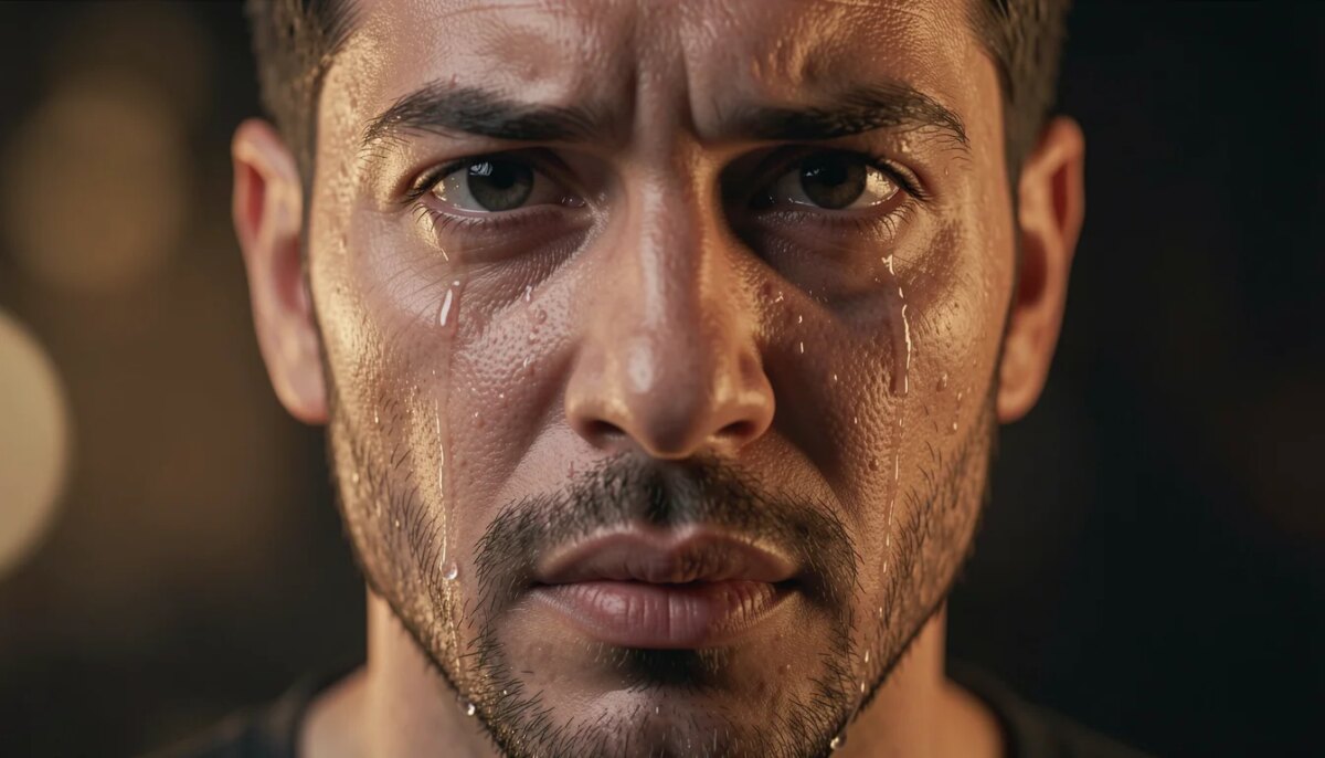 Homem emocionado com lágrimas no rosto em close-up cinematográfico