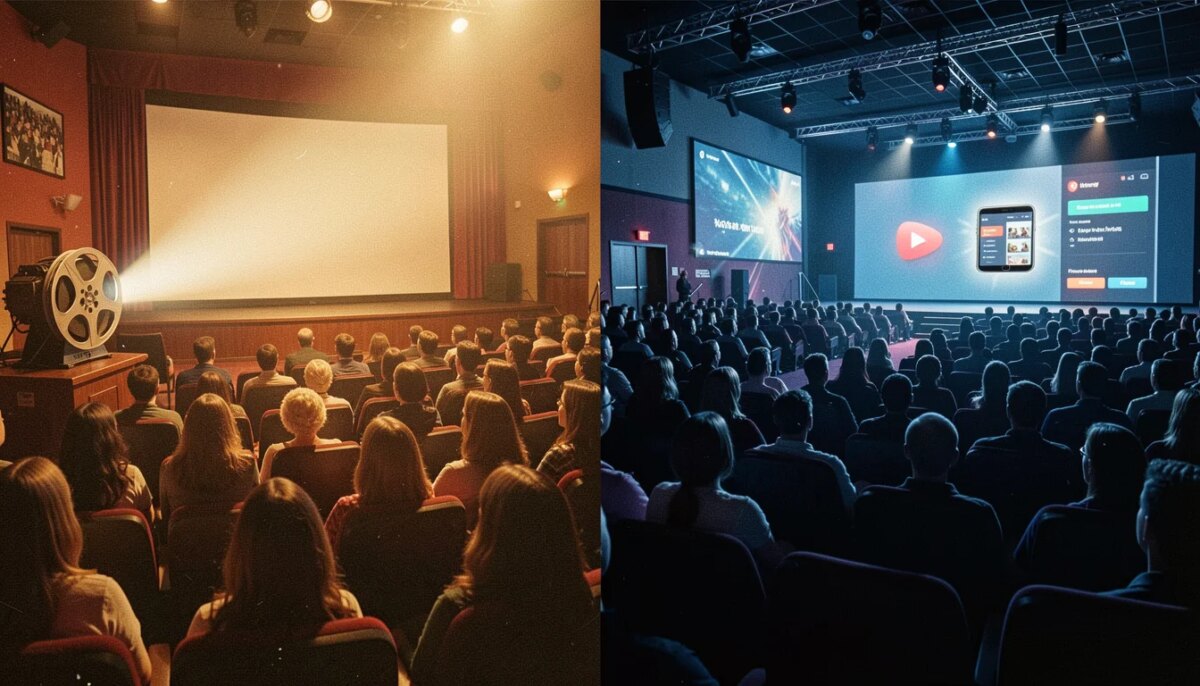 Por que os blockbusters atuais perderam a magia dos anos 90 — e onde ela ainda existe Comparação entre cinema dos anos 90 e atual, com atmosferas contrastantes.