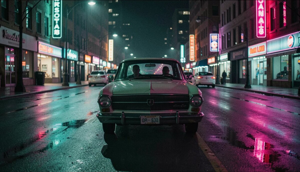 Cena noturna de filme com carro e luzes de neon, atmosfera silenciosa e tensa.