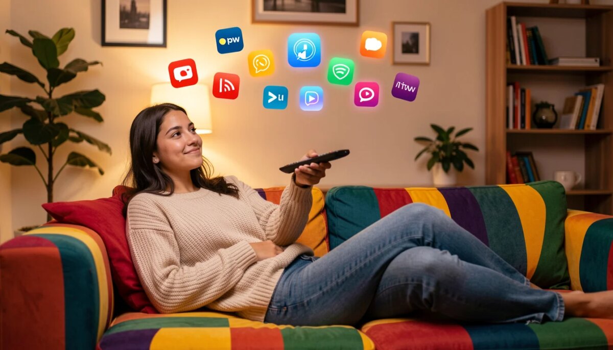 Mulher sorridente no sofá com controle remoto e ícones de streaming flutuando