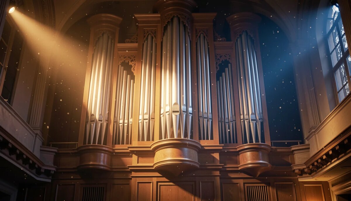 Órgão de tubos em sala de concerto com iluminação dramática, simbolizando a trilha de Interestelar