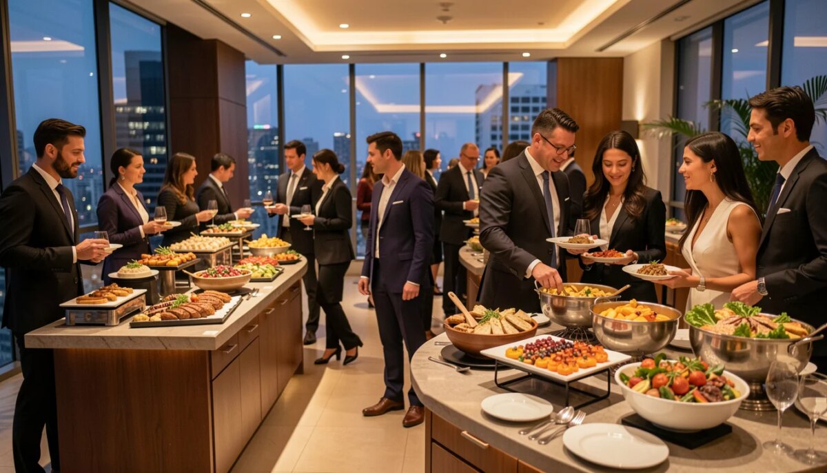 Buffet temático sofisticado em evento corporativo de alto padrão em São Paulo