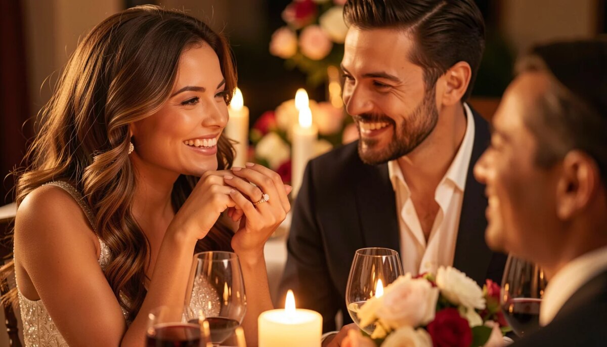 Casal comemorando pedido de noivado com anel de ouro e diamante