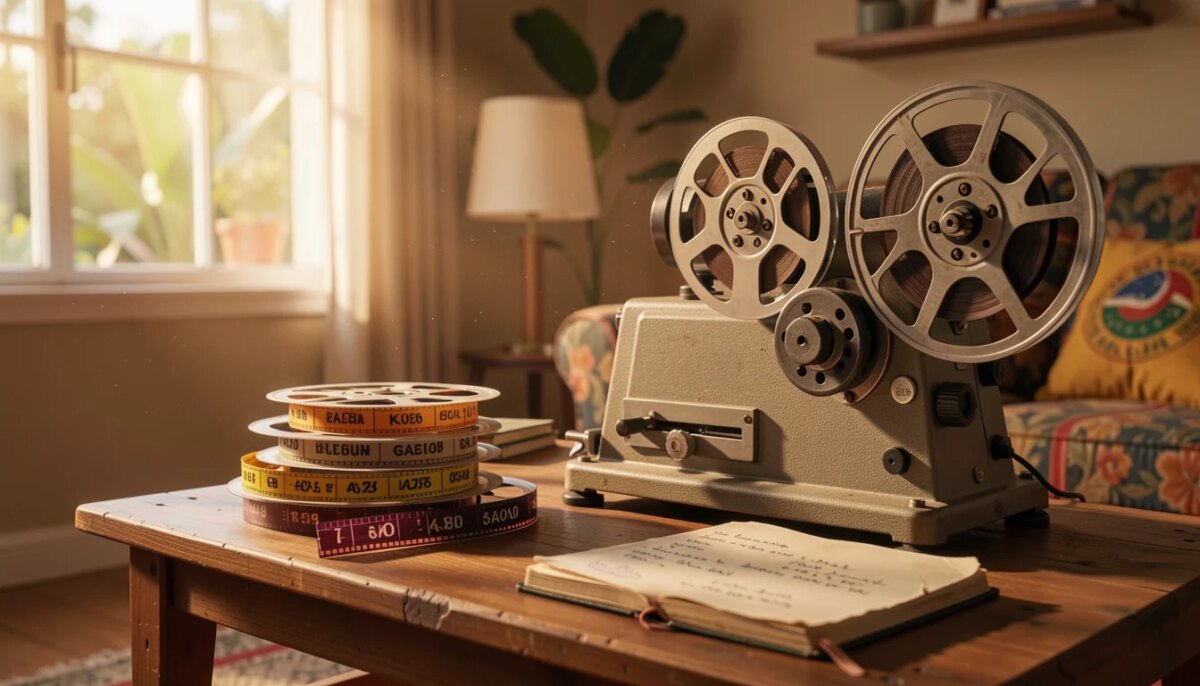 Projetor de cinema e rolos de filmes brasileiros em ambiente aconchegante