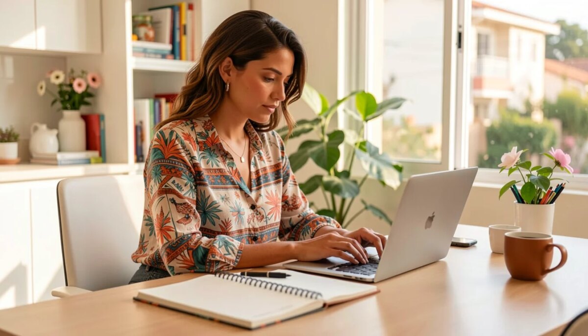 Mulher criativa editando conteúdo em laptop com luz natural, representando criatividade feminina e IA