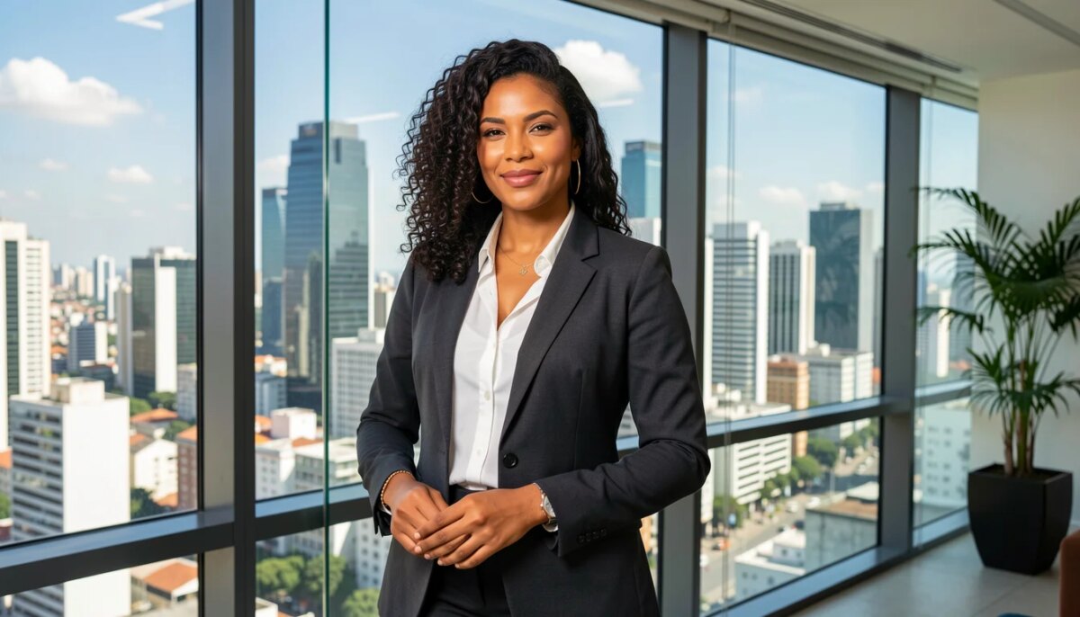 Executiva em escritório moderno em São Paulo, representando agências de marketing para crescimento empresarial.