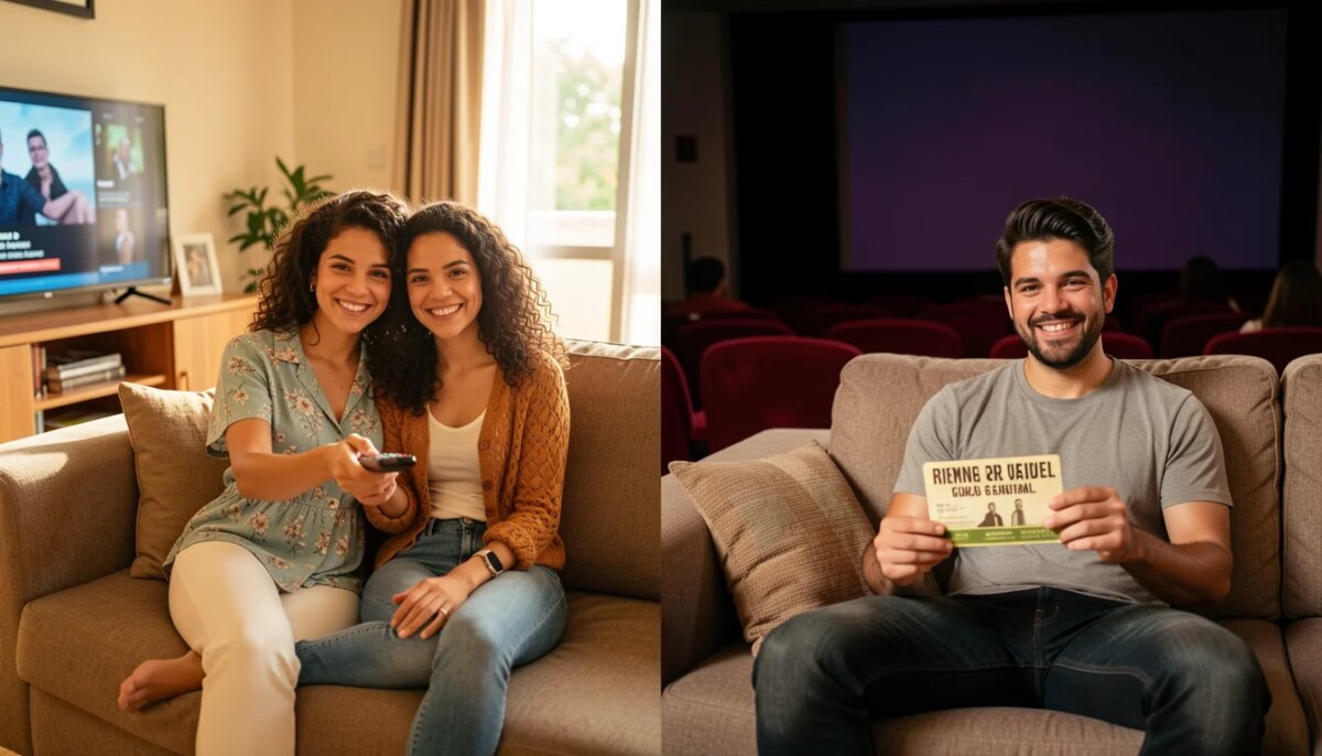Casal brasileiro comparando streaming e cinema em casa