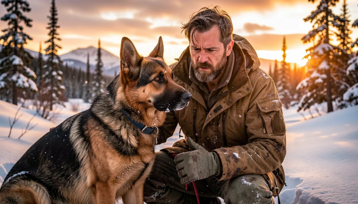 Homem e cão em paisagem selvagem do Alasca, drama de sobrevivência emocionante.