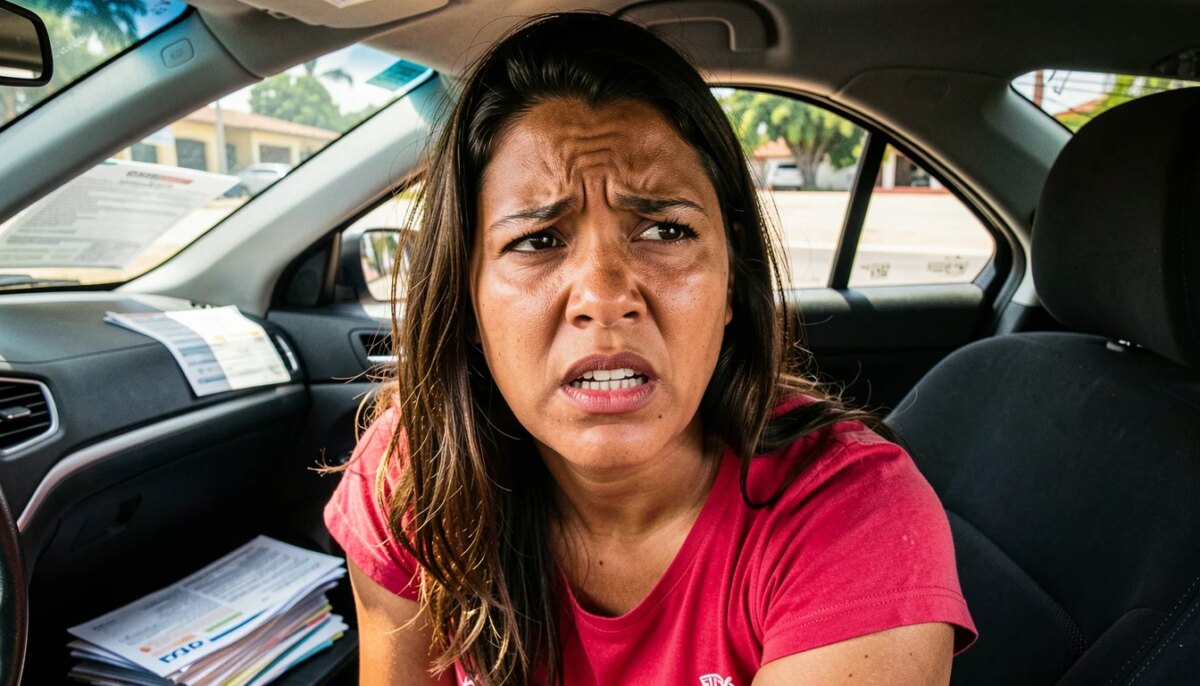 Mulher frustrada dentro do carro com documentos espalhados, representando erros em viagem internacional