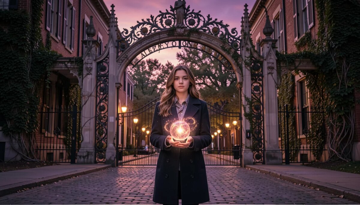 Garota em frente a academia de magia gótica em Nova Orleans ao crepúsculo