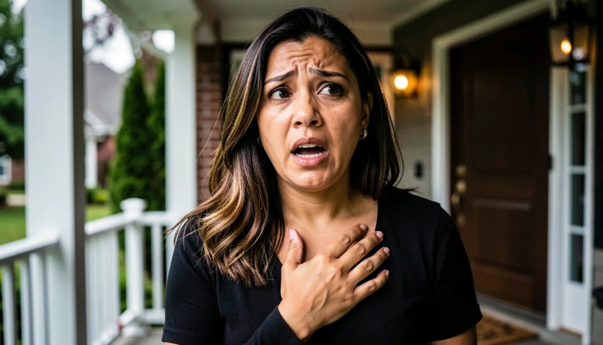 Mulher em choque na porta de casa, cena de suspense materno