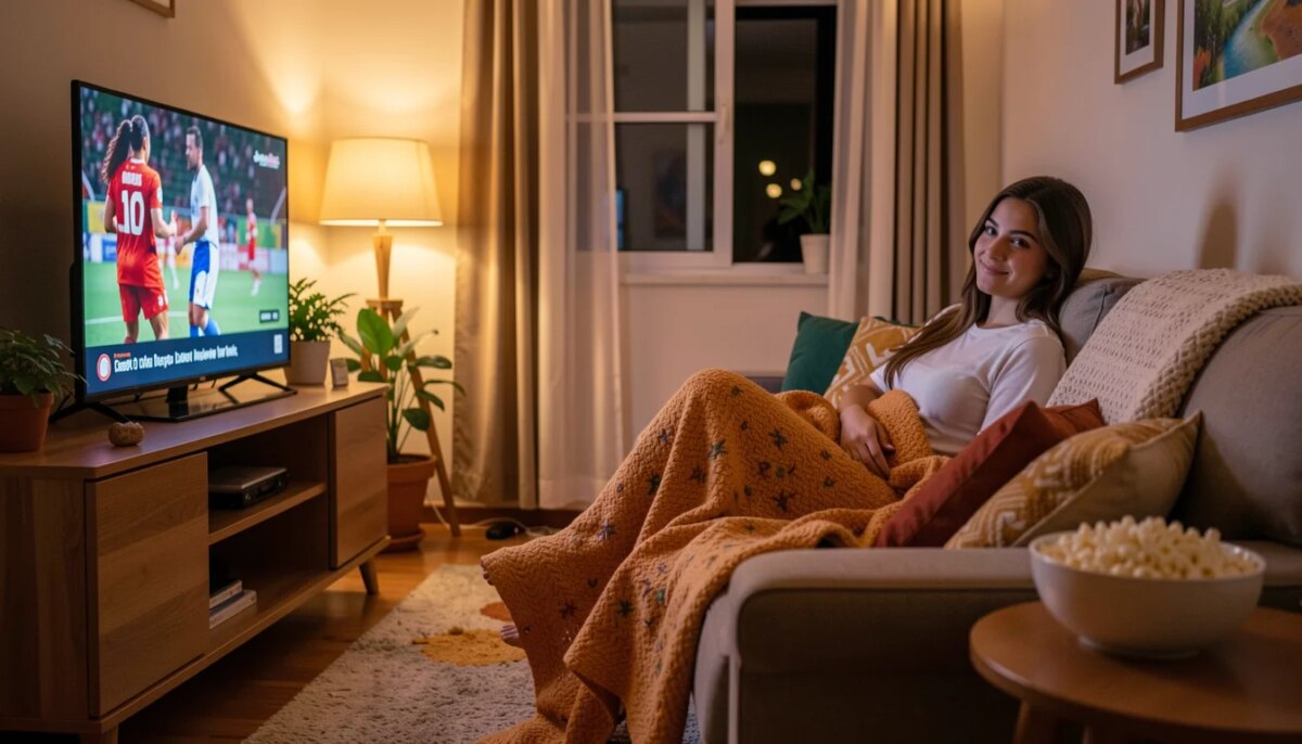 Mulher relaxando no sofá assistindo filme curto na TV