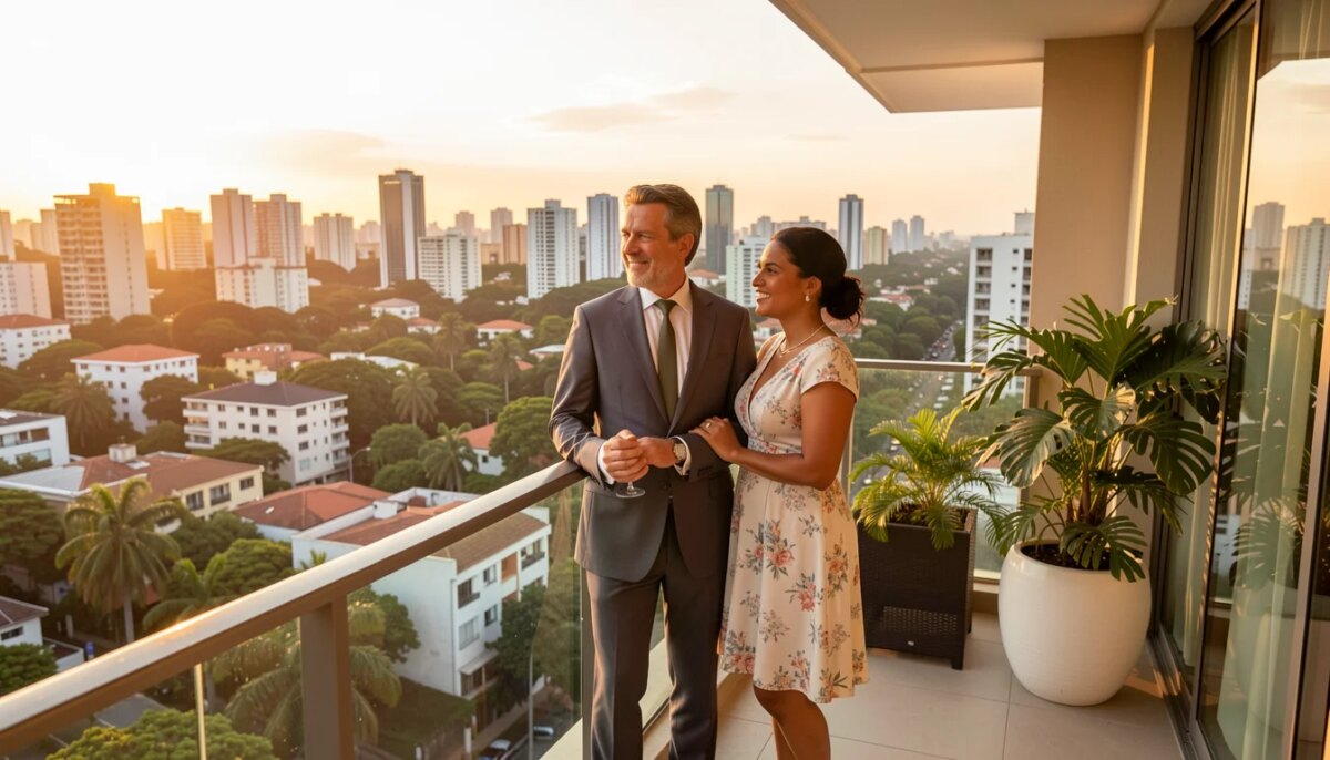 Casal em varanda de apartamento de alto padrão em São Paulo ao pôr do sol