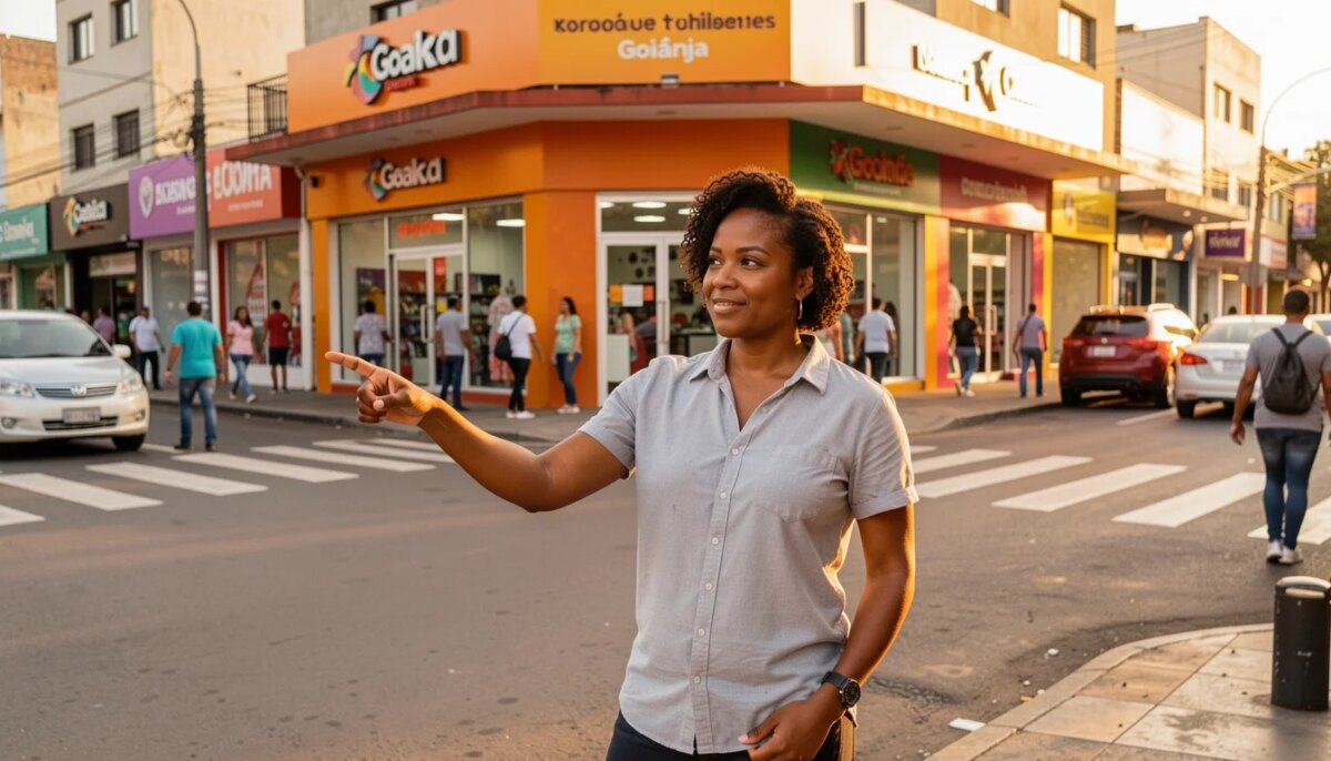 Empreendedor avaliando ponto comercial movimentado em Goiânia ao pôr do sol
