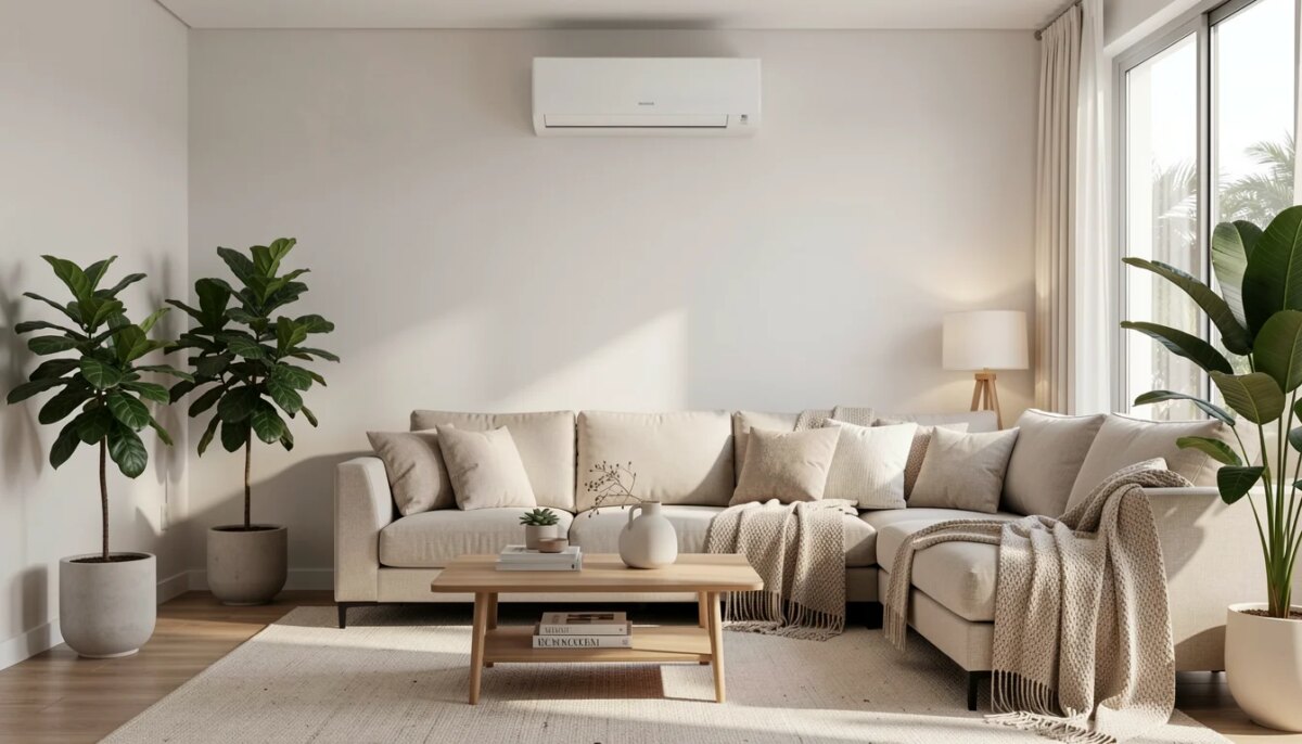 Sala de estar moderna com ar-condicionado sleek integrado à decoração minimalista
