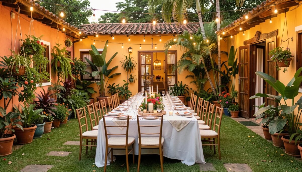 Mini Wedding em Casa: Guia Completo para Organizar o Seu Mini wedding em casa: quintal decorado com mesas e luzes para celebração intimista