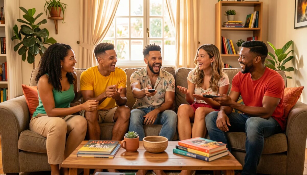 Amigos brasileiros conversando animadamente sobre séries de TV na sala de estar