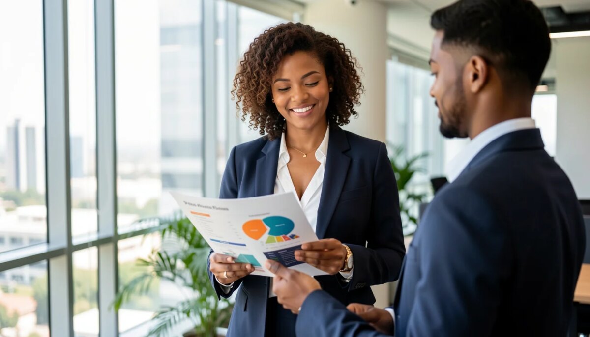 Executiva avaliando portfólio de marketing corporativo em escritório moderno