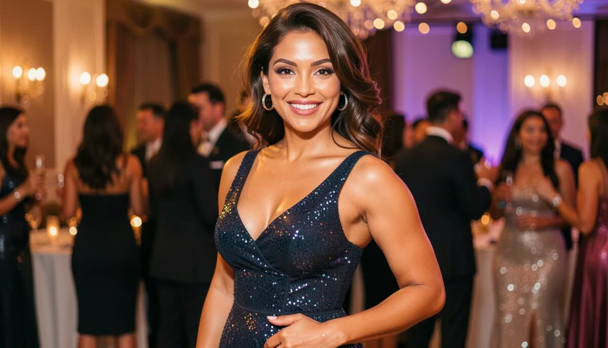 Mulher com pele iluminada e radiante para fotos sob luz artificial de festa